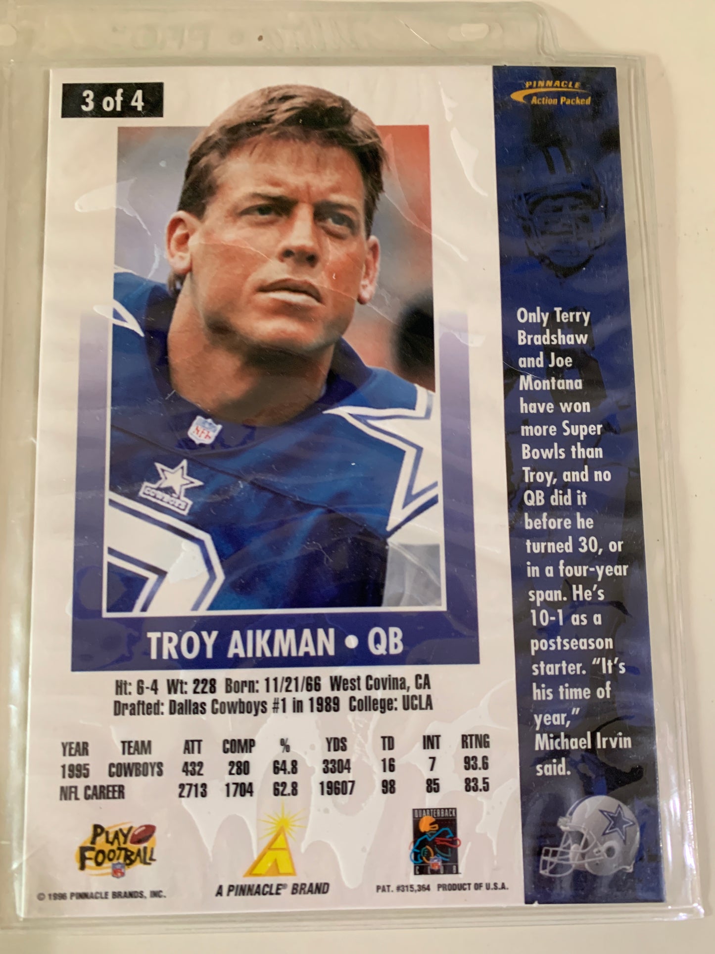 1996 Troy Aikman Pinnacle Action Packed Jumbo #3 of 4 HOF