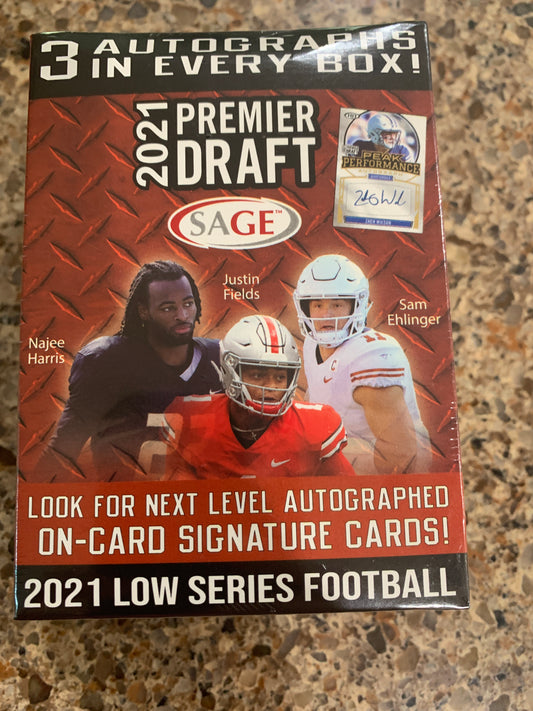 2021 Sage Hit Premier Draft Low Series Football Factory Sealed Blaster Box 3 autos per box